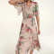 Rochie midi cu imprimeu floral, decolteu in V si maneci scurte, roz, dama, Reserved