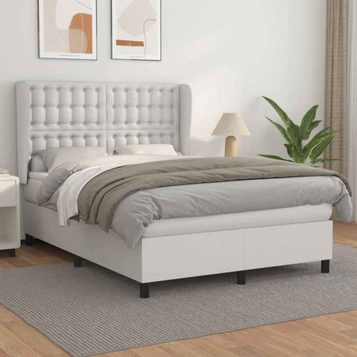 vidaXL Pat box spring cu saltea, alb, 140x200 cm, piele ecologică 3129034