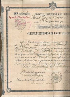 Rom&amp;acirc;nia, Liceul Dinicu Golescu, C&amp;acirc;mpulung, certificat de absolvire, 1920 foto
