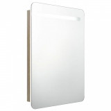 Dulap de baie cu oglindă și LED, alb și stejar, 60x11x80 cm