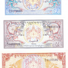 Bancnota Bhutan 1, 2 si 5 Ngultrum ( 1985-86) - P12a-14a UNC ( set x3 )