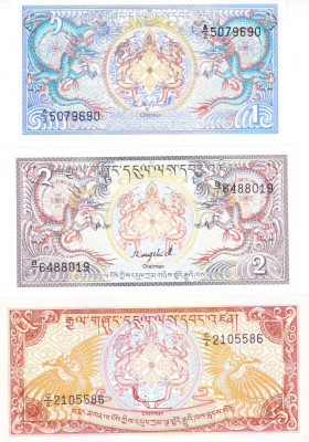 Bancnota Bhutan 1, 2 si 5 Ngultrum ( 1985-86) - P12a-14a UNC ( set x3 ) foto