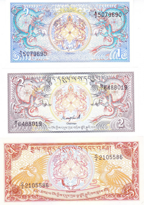 Bancnota Bhutan 1, 2 si 5 Ngultrum ( 1985-86) - P12a-14a UNC ( set x3 )