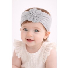 Bentita lata gri pentru bebeluse cu floare aplicata