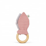 Jucarie cu inel de prindere din lemn si urechi din material textil, roz, Gruenspecht 571-V2 Children SafetyCare, GRUNSPECHT