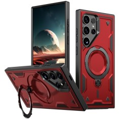 Husa military armour cu inel metalic, ALC MOBILE, compatibila cu Samsung Galaxy S25 Ultra, Rosu