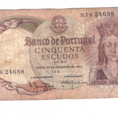 Bancnota Portugalia 50 escudos 18 februarie 1964, circulata, stare relativ buna