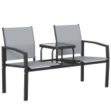 Outsunny Bancă de grădină pentru 2 persoane cu spătar și brațere, masă din sticlă &icirc;n 2 niveluri, rezistă la 240 kg 135 x 67 x 81 cm Gri | Aosom Romani