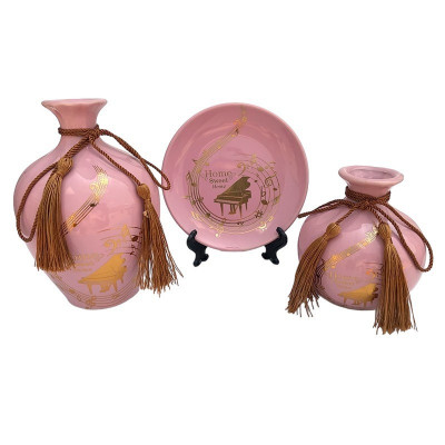 Set 2 vaze decorative si farfurie din ceramica, Note muzicale, Roz, 448H-1 foto