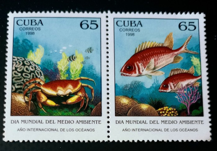 Cuba 1998 fauna marina crustacee,crabi, pesti , serie nestampilat