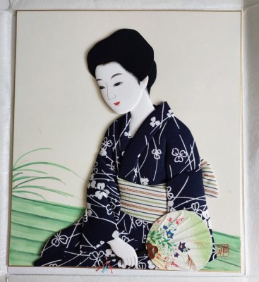Pictura originala japoneza Sumi-e 3D pe matase &amp;ndash; Gheisa in kimono &amp;ndash; 28 x 25 cm, 2018 foto