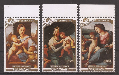 Insula Penrhyn 1987 - Craciun - Picturi de Rafael, serie + colita, 4 poze, MNH foto