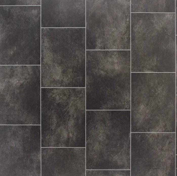 Linoleum Rezidential Antiderapant Clasa 21, Belgia, Model Lara 8409, Suport Spuma, Grosime 2.3 mm, Imitatie Gresie, Gri, Maro, PVC, Latime 2m, Marime