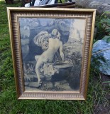 Gravura veche nud semnat, Carbune, Art Nouveau