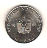 SV * FILIPINE 10 PISO 1988 * REVOLUTIA - PUTEREA POPORULUI ! * UNC, Asia, Nichel