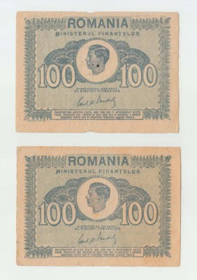 ROMANIA - LOT 2 x 100 LEI 1945 , MIHAI I , B1.50 foto