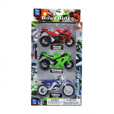 Set 3 motociclete metalice, New Ray, Honda, Kawasaki, Yamaha, 1:18