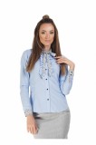 Camasa Dama Office Bleu cu Funda si Volane T&#039;esha, Bumbac, Maneca Lunga cu Manseta Flori, Guler Rusesc, Fabricata in Romania