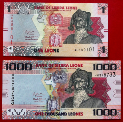 Set / lot Sierra Leone 1 Leone 2022 + 1000 Leones 2020 UNC necirculate ** foto