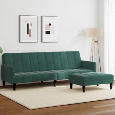 vidaXL Canapea extensibilă cu taburet, 2 locuri, verde &icirc;nchis, catifea