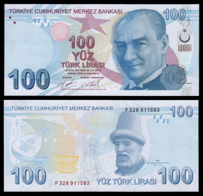 TURCIA █ bancnota █ 100 Lira █ 2009 █ P-226d █ Seria F █ UNC █ necirculata