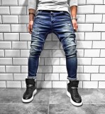Blugi pentru barbati, albastri, slim fit, conici, casual, skinny, zgarieturi decorative - BR-04, 32