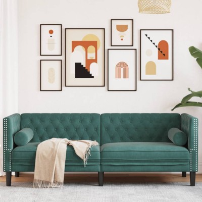 vidaXL Canapea Chesterfield cu pernuțe/3 locuri, verde &amp;icirc;nchis, catifea 372695 foto