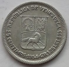 25 centimos Venezuela 1954, argint XF+++ foto
