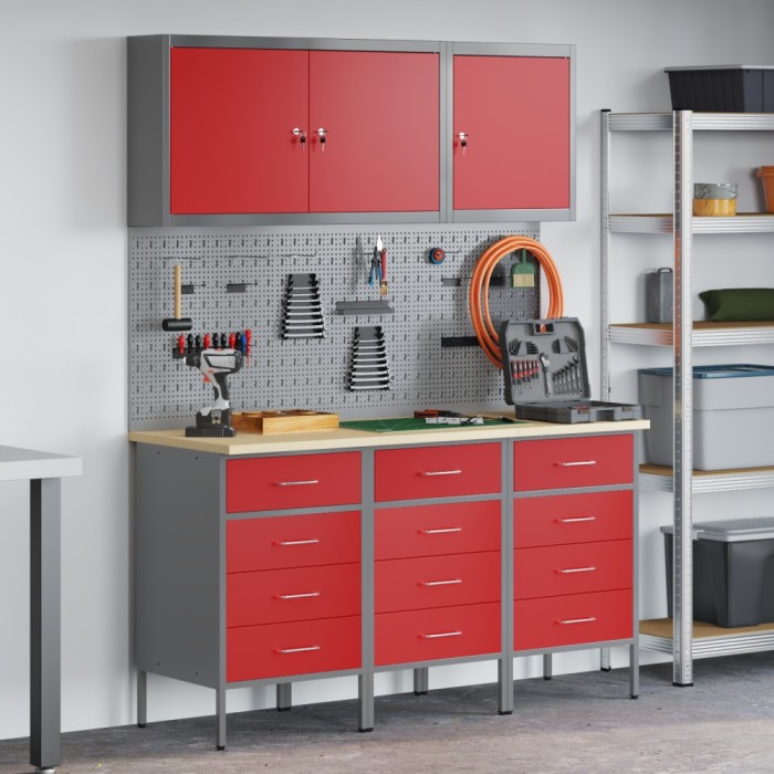 vidaXL Set dulap lucru &amp; panou c&acirc;rlige, 8 piese, roșu, MDF &amp; metal