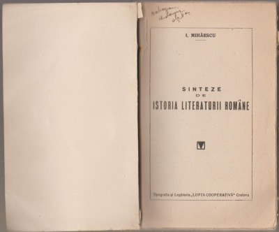 I. Mihaescu - Sinteze de istoria literaturii romane (ed. princeps) foto