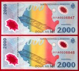 Romania 2 x 2000 2.000 lei 1999 Eclipsa serii consecutive 001A0036847 001A0036848 UNC necirculate **