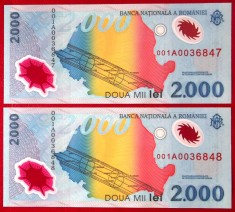 Romania 2 x 2000 2.000 lei 1999 Eclipsa serii consecutive 001A0036847 001A0036848 UNC necirculate **