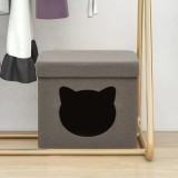 Cumpara ieftin Taburet depozitare pliabil, gri taupe cu model pisică, ţesătură
