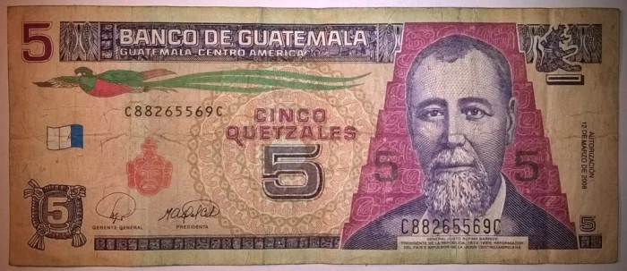 Bancnota - Guatemala - 5 Quetzales 12-03-2008