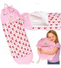 Sac de dormit copii 2 in 1 KIK, cu perna, 125x50 cm, roz. Bumbac/Poliester, ideal 3-6 ani, camping/calatorii