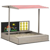 Outsunny Caz de nisip pătrat din lemn pentru copii cu bănci acoperiș reglabil, tablou și jocuri 114 x 113 x 110 cm gri | Aosom Romania