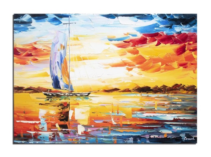 Tablou pictat manual birou, living, dormitor, Velier in bataia vantului, 70x50cm ulei pe panza in cutit efect 3D, Spectaculos
