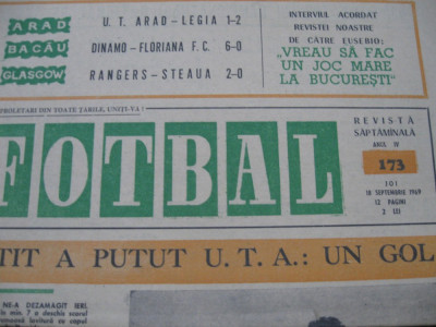 Revista FOTBAL (nr.173 / 18 09 69), UTA-Legia 1-2, Rangers-Steaua 2-0, Bacau 2-0 foto