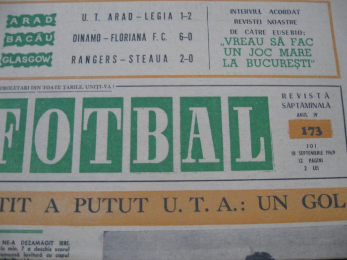 Revista FOTBAL (nr.173 / 18 09 69), UTA-Legia 1-2, Rangers-Steaua 2-0, Bacau 2-0