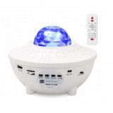 Cumpara ieftin Lampa de noptiera cu proiector, LED, telecomanda, bluetooth, 4 culori, incarcare USB, alb, 12.3x16.4 cm, Jumi