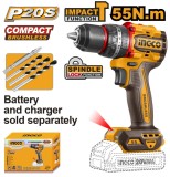 Masina de Gaurit si Insurubat cu Impact 20V INGCO CIDLI205581, 55Nm, brushless, 2 viteze 0-500/2000 rpm, 30000 bpm, mandrina metalica 13 mm, fara acum