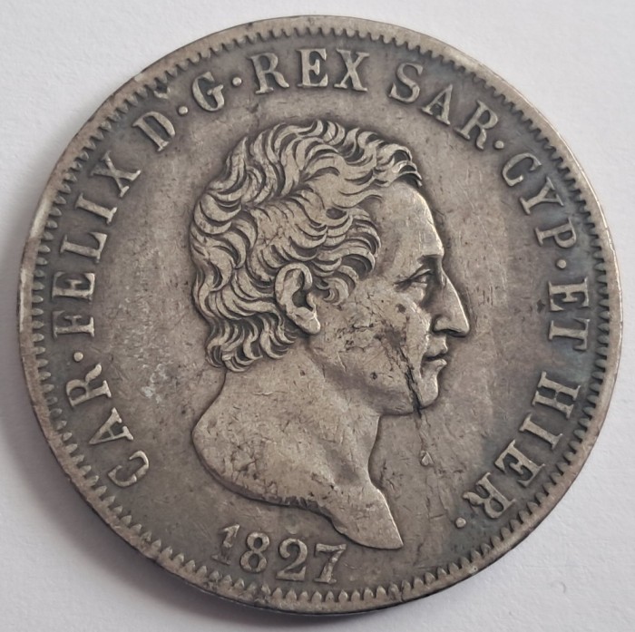 Italia, Sardinia, 5 Lire 1827 Charles Felix