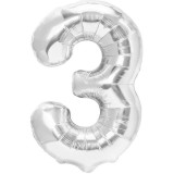 Balon din folie metalizata, flippy, figurina cifra, tema aniversare 80 cm, ambalaj individual, pai inclus, umflare cu aer sau heliu, argintiu, cifra 3