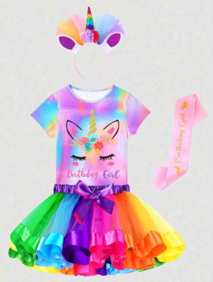 Set nou/ costum aniversare unicorn- fetite 4-5 ani tricou+fusta foto