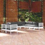 vidaXL Set mobilier de grădină cu perne, 9 piese, alb, lemn masiv pin