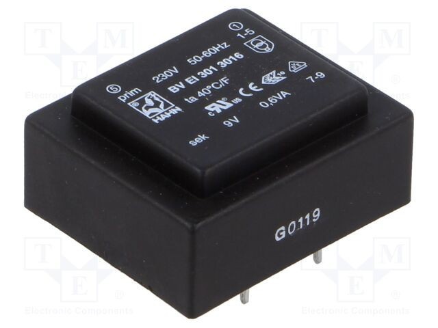 Transformator &icirc;ncapsulat HAHN 0,6VA 230V AC 9V 67mA PCB BVEI