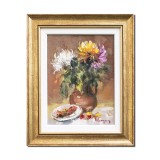 Tablou inramat pictat manual, Vaza cu crizanteme, stilizat, 33x27cm ulei pe panza in cutit efect 3D, Geo Ungureanu