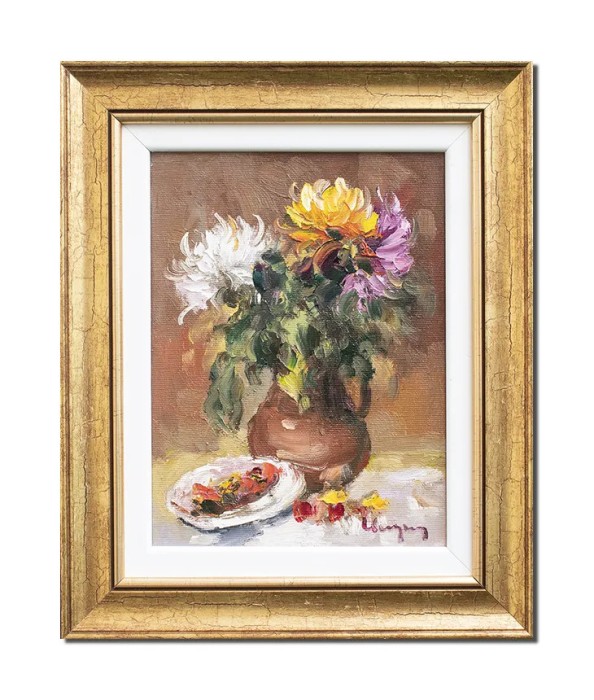 Tablou inramat pictat manual, Vaza cu crizanteme, stilizat, 33x27cm ulei pe panza in cutit efect 3D, Geo Ungureanu