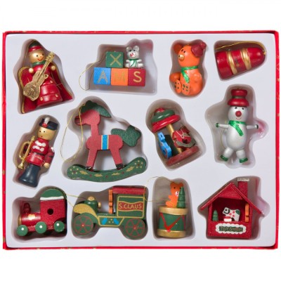 Set Ornamente Brad Crăciun, Figuri Diverse, Lemn, 5 cm, 12 Buc, Multicolor foto