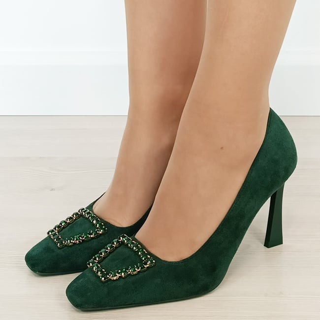 Pantofi verzi cu toc comod si brosa 1748 03